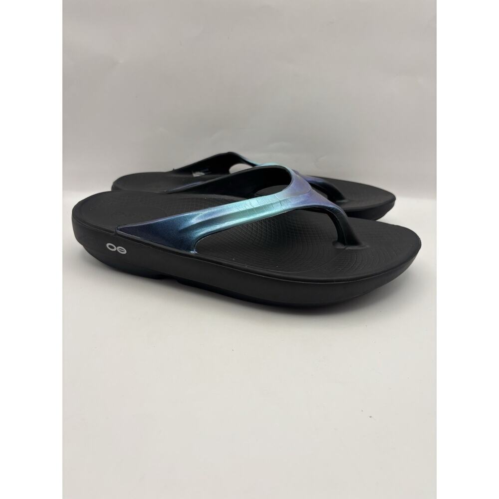 OOFOS Oolala Luxe Metallic Blue Recovery Sandals Women Size 10